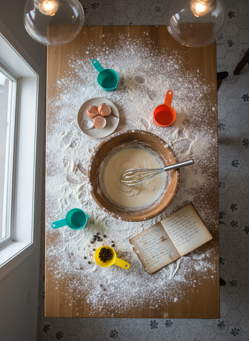 A kitchen island dusted with a fine layer of flour, where a large wooden mixing bowl sits surrounded by baking chaos: cracked egg shells on a small ceramic plate, a metal whisk smeared with batter, and a flour-dusted recipe card with handwritten notes in fading ink. Brightly colored silicone measuring cups are scattered playfully, one toppled over with a few chocolate chips spilling out. A dog’s paw prints trail faintly across the lower tile floor, visible near the edge of the frame. Soft overhead pendant lighting mixes with overcast window light, creating gentle, even illumination and subtle shadows. Photographic realism, top-down bird’s-eye composition, sharp focus across the scene. The mood is joyful and messy, capturing delight in imperfect, everyday baking moments.