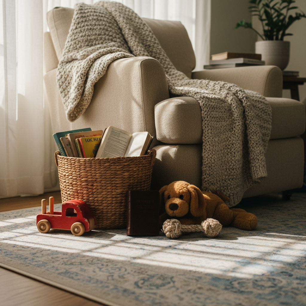 A cozy corner of a living room where a plush, oatmeal-colored armchair is draped with a rumpled knit throw blanket, its chunky yarn catching the light. At the foot of the chair, a basket brims with well-worn children’s board books, a wooden toy truck with chipped paint, and a small, scuffed leather-bound Bible resting open. A floppy-eared stuffed dog lies on the rug, next to a real dog’s chew toy with frayed rope. Late afternoon sunlight filters through sheer curtains, casting soft stripes of light and shadow across the scene. Photographic realism, shot from a low, slightly side-on angle with shallow depth of field. The atmosphere feels peaceful and lived-in, highlighting the sacredness of ordinary, toy-strewn spaces.